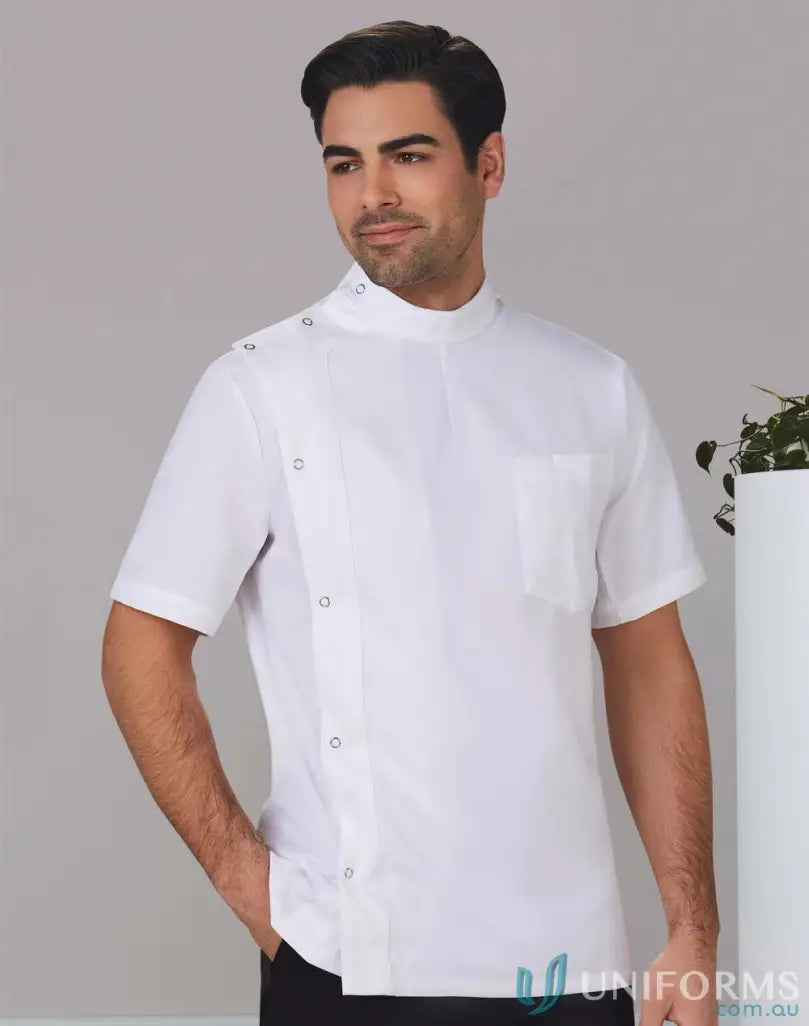 Mens white short sleeve dental pharmacy jacket with mandarin collar and side buttons
