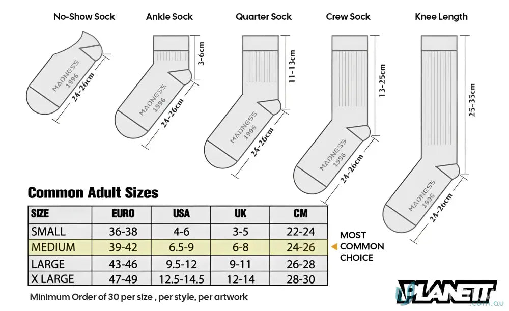 Sock size chart for Sublimated Sports Socks, perfect for custom sports socks lovers