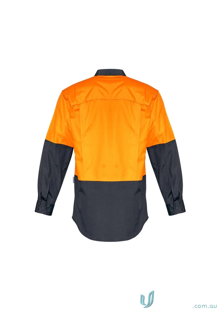 Orange and gray long-sleeved Syzmik Mens Rugged Cooling Vis Shirt ZW128 highlighting stress points
