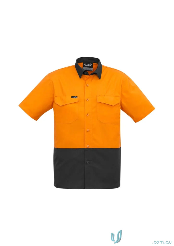 Orange and black Syzmik men’s rugged Vis short sleeve work shirt for tough jobs