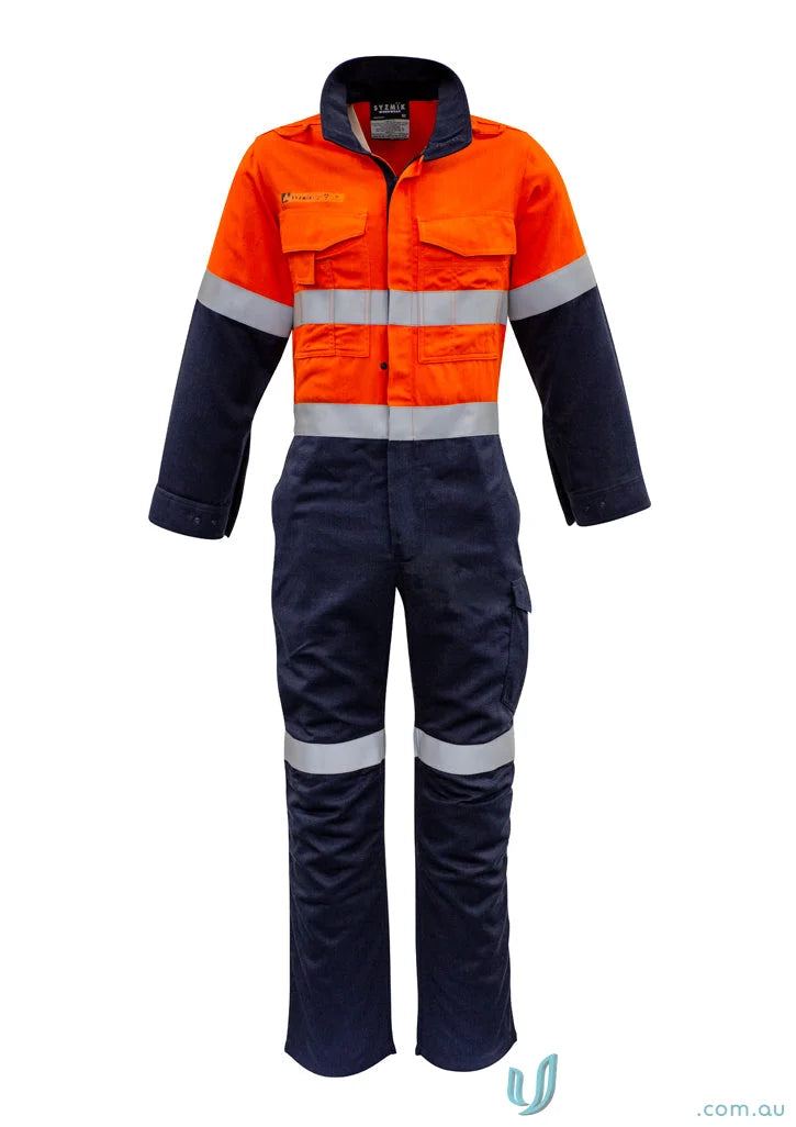Orange and navy blue reflective work jumpsuit from Syzmics Mens Orange Hoop Taped ZC525, providing all-day comfort