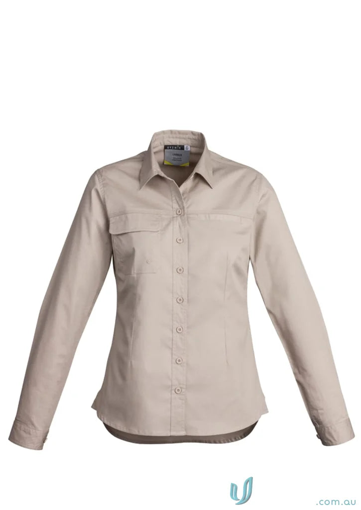 Beige syzmik women’s lightweight long-sleeved tradie shirt with feminine fit and triple-stitched seams