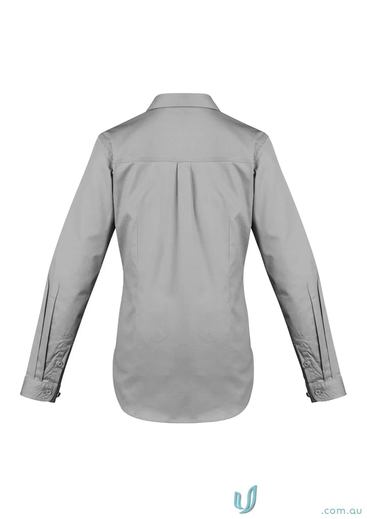 Gray long-sleeved Syzmik women’s lightweight tradie shirt with feminine fit and triple-stitched seams
