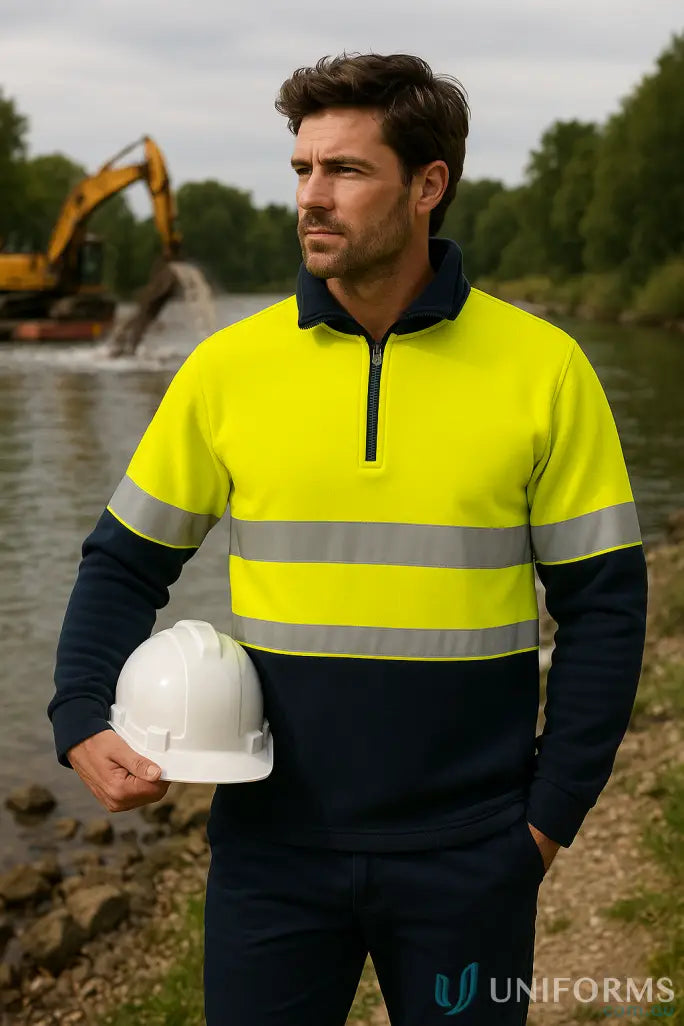 Mens high-vis night fleece jumper hooped with yellow and navy, reflective stripes for safety