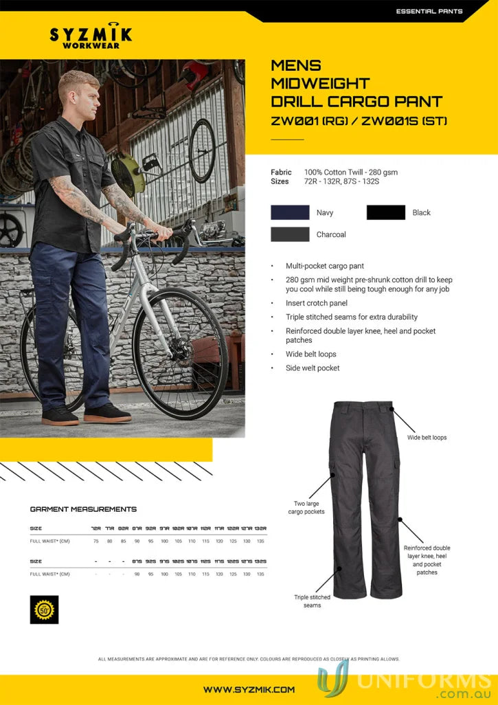Mens midweight drill cargo pants from Syzmik Drill Cargo for all-day comfort