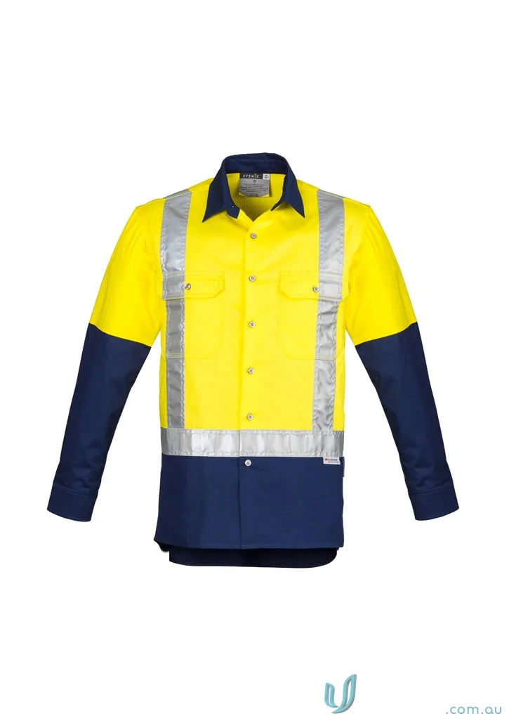 Yellow and blue syzmik mens industrial long sleeve shirt with shoulder taped zw124 and reflective tape