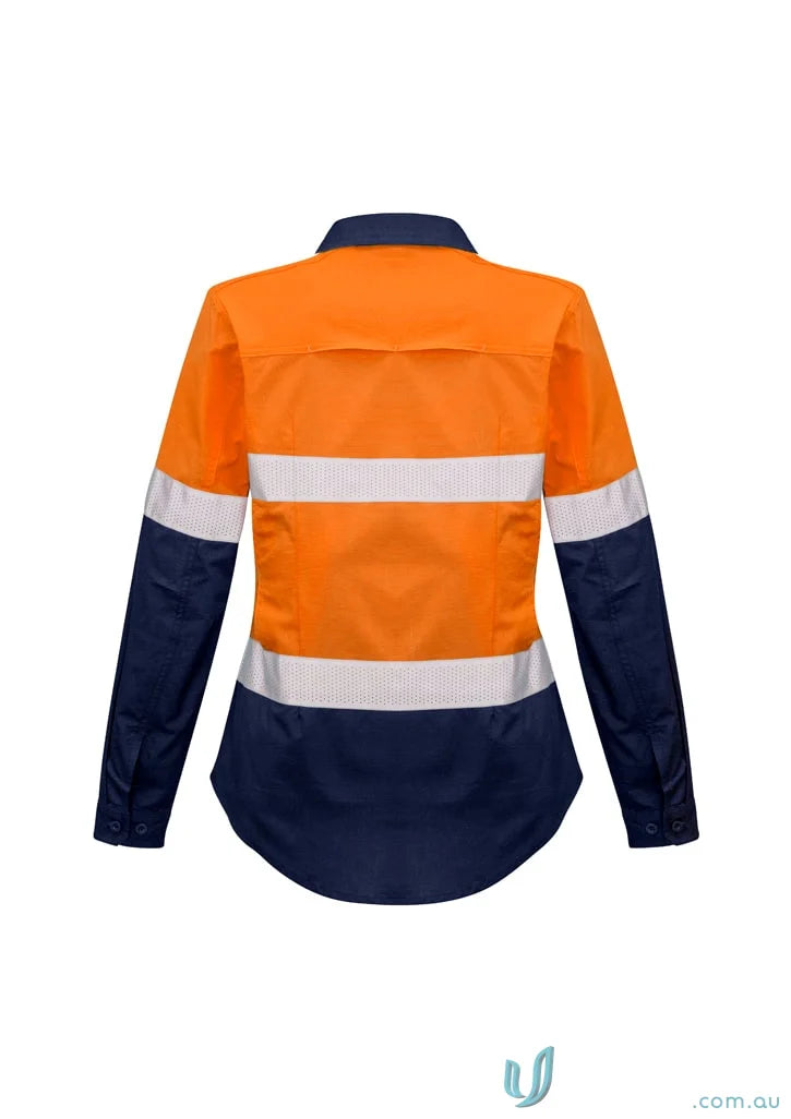 Orange and navy blue Syzmik Womens Rugged Shirt ZW720 with reflective tape for safety
