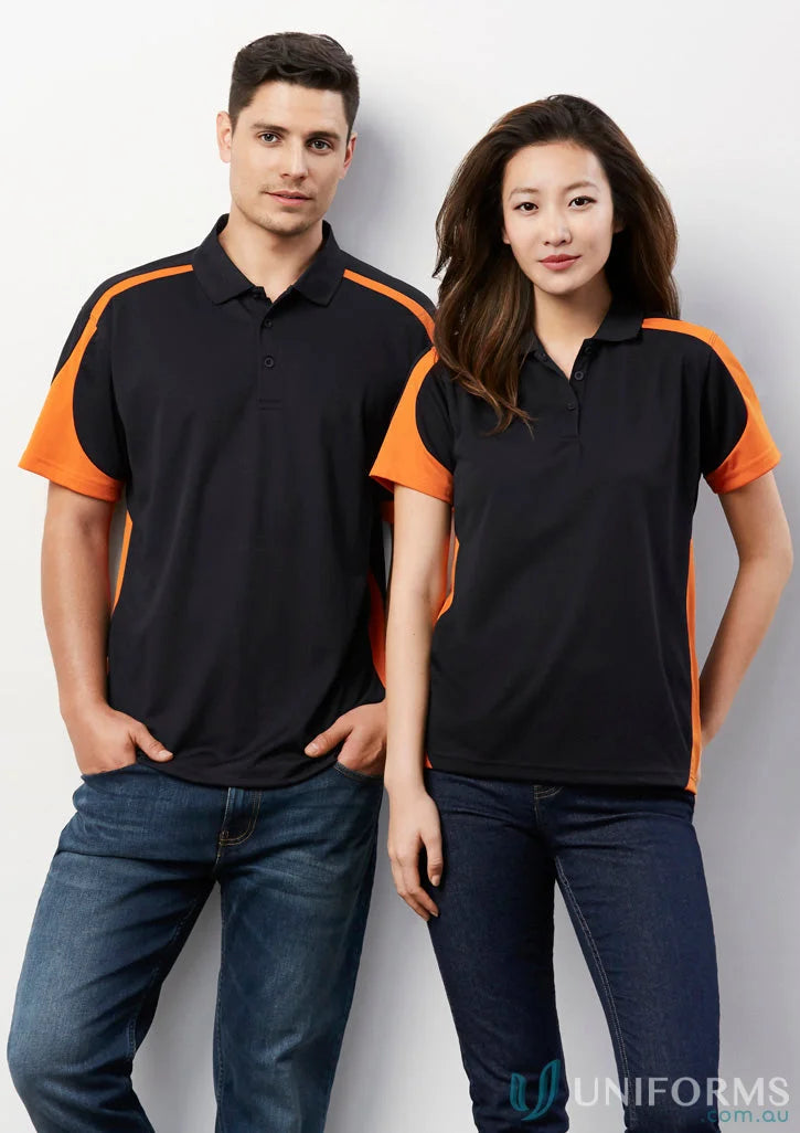 Matching black and orange Talon Polo shirts from Biz Cool Collection Talon