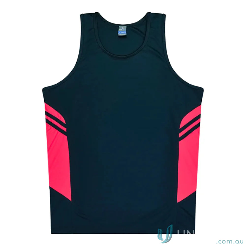 Black and pink Tasman Ladies Singlet athletic tank top with breathable fabric and stylish neck design