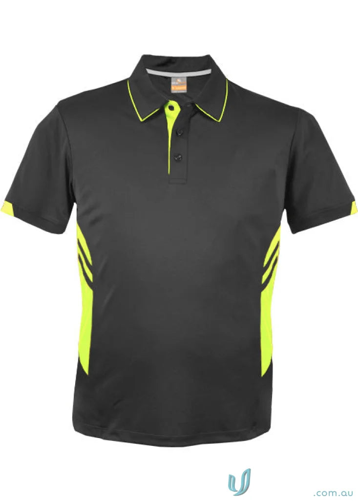 Black thames dark polo shirt with neon yellow trim and bold stripes perfect for stylish workwear and uniforms