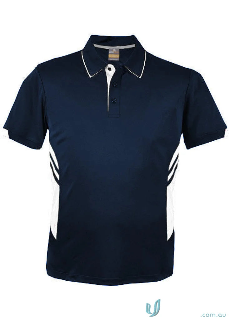 Navy blue thames dark polo shirt with white trim and diagonal stripes perfect for workwear and uniforms