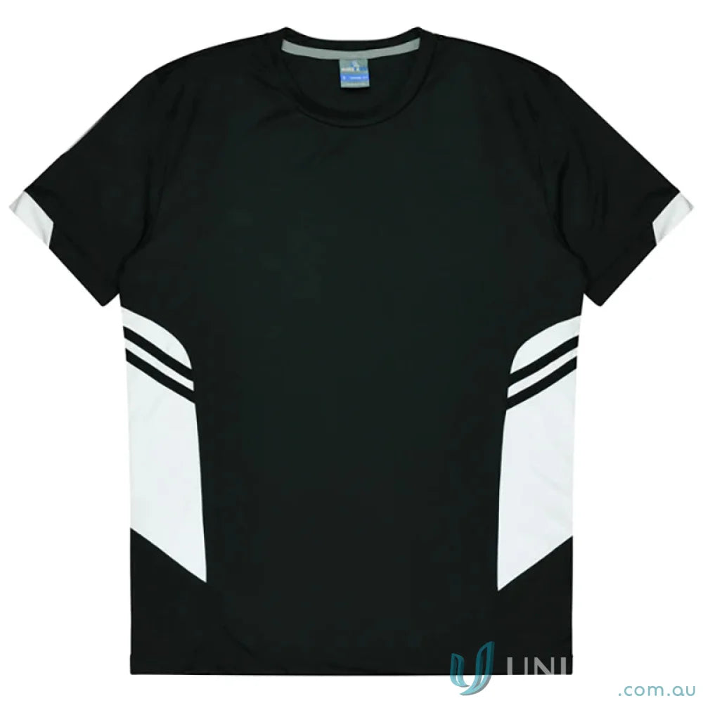 Black and white athletic Tasman Tee made from comfy fabric, perfect for uniforms and workwear
