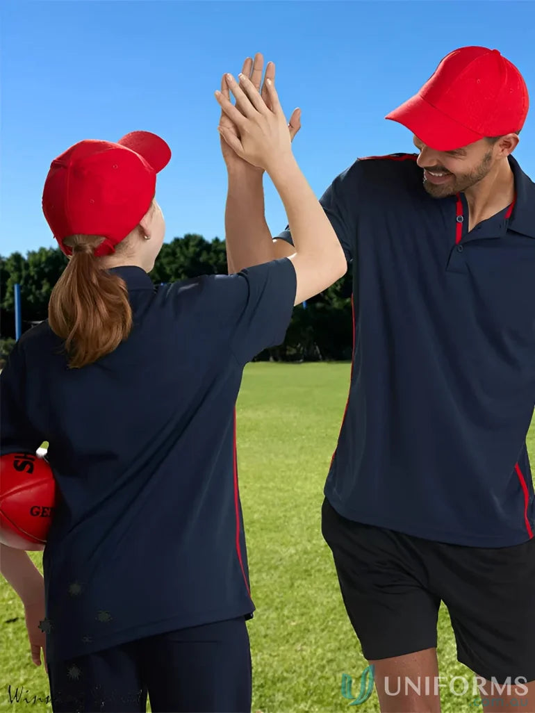 Matching navy and red athletic wear with heavy brushed cotton for the spirit traditional cap