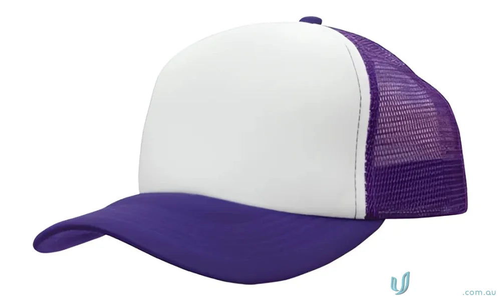 Purple and white trucker hat shown in Truckers Mesh Cap, perfect for uniforms or workwear with an FAQ link