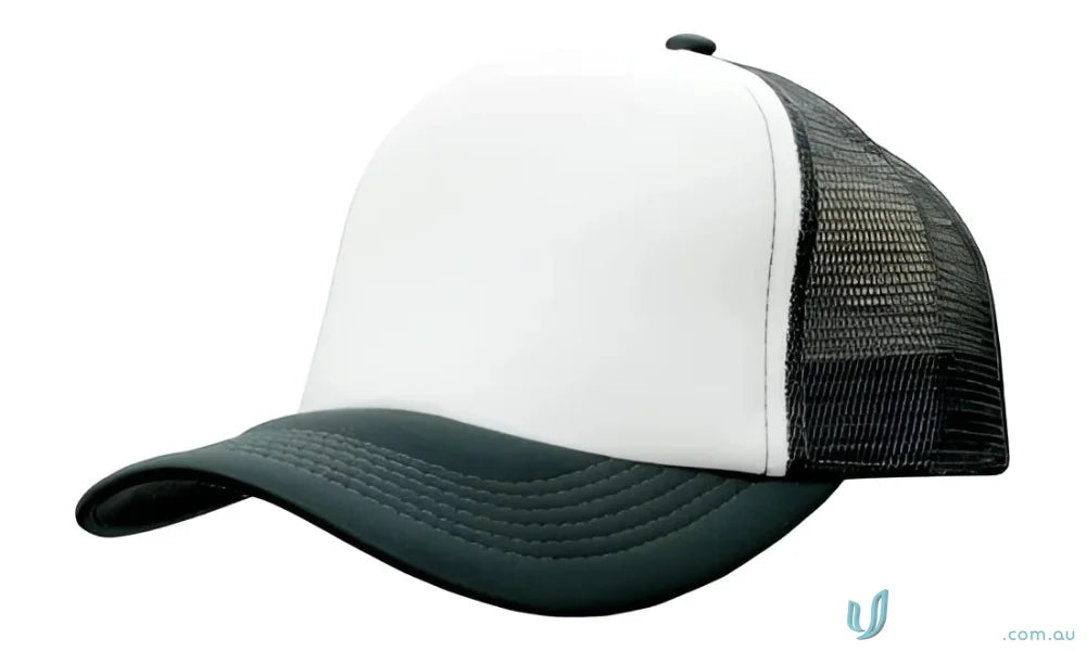 White and gray trucker hat from Truckers Mesh Cap, perfect for uniforms and workwear faq link