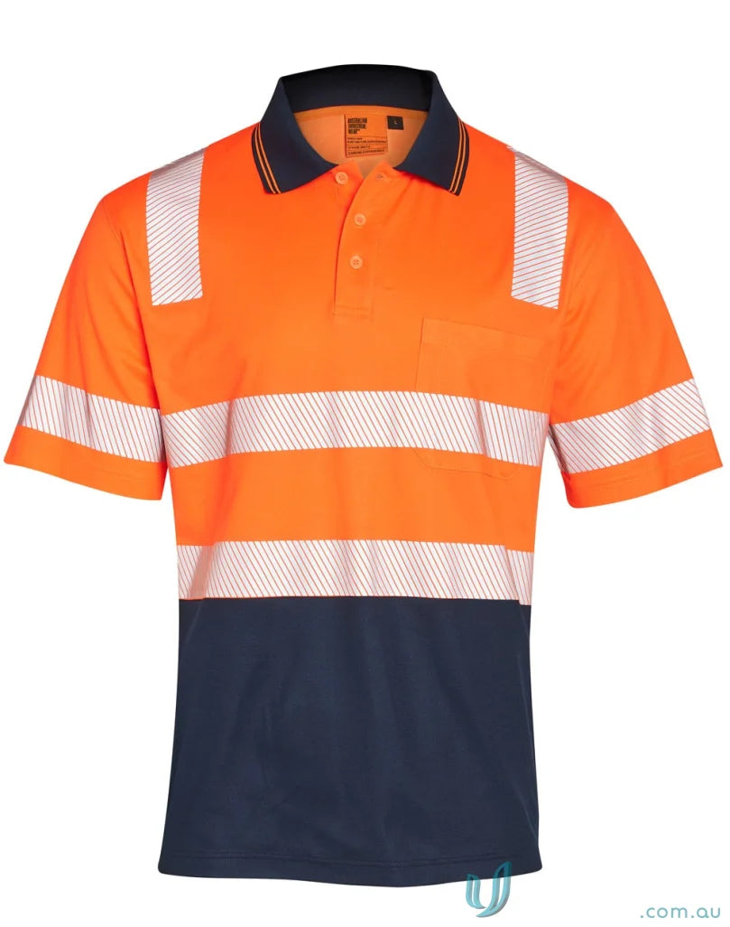 Orange and navy blue high-visibility safety polo from Truedry Biomotion Segmented line