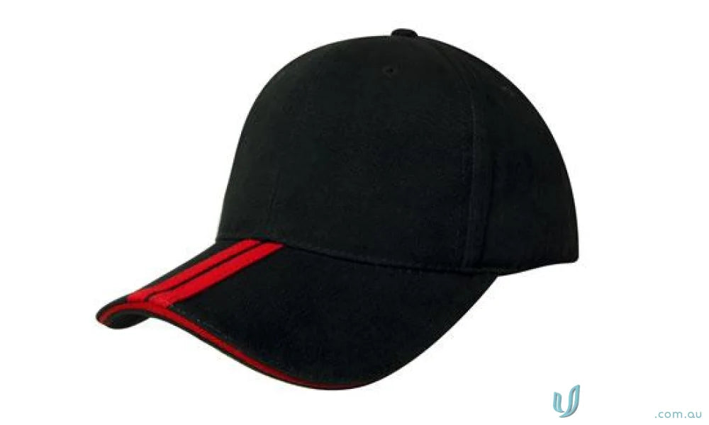 Black baseball cap with two striped peak and red stripes on the brim for style