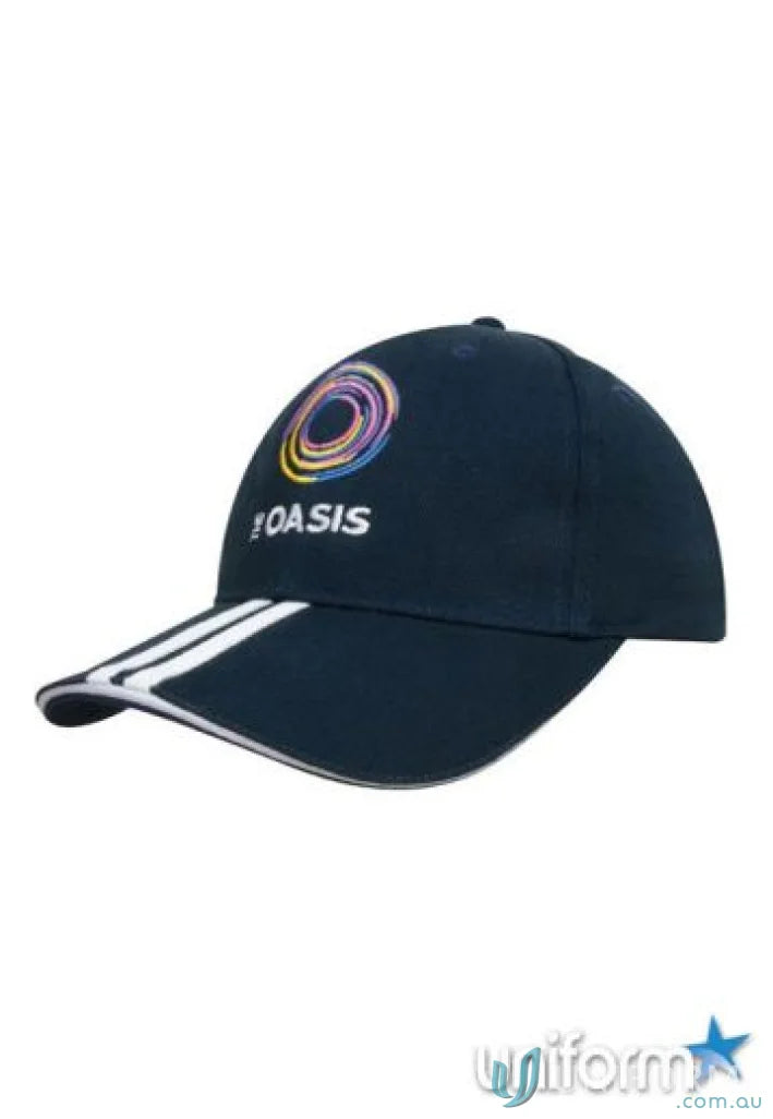 Dark blue Two Striped Peak cap with colorful logo and white-striped brim