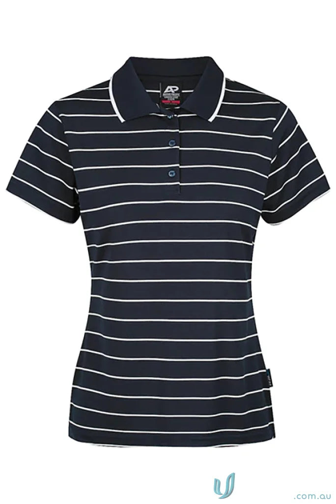 Navy blue women’s polo shirt with white stripes, perfect for uniforms and casual wear