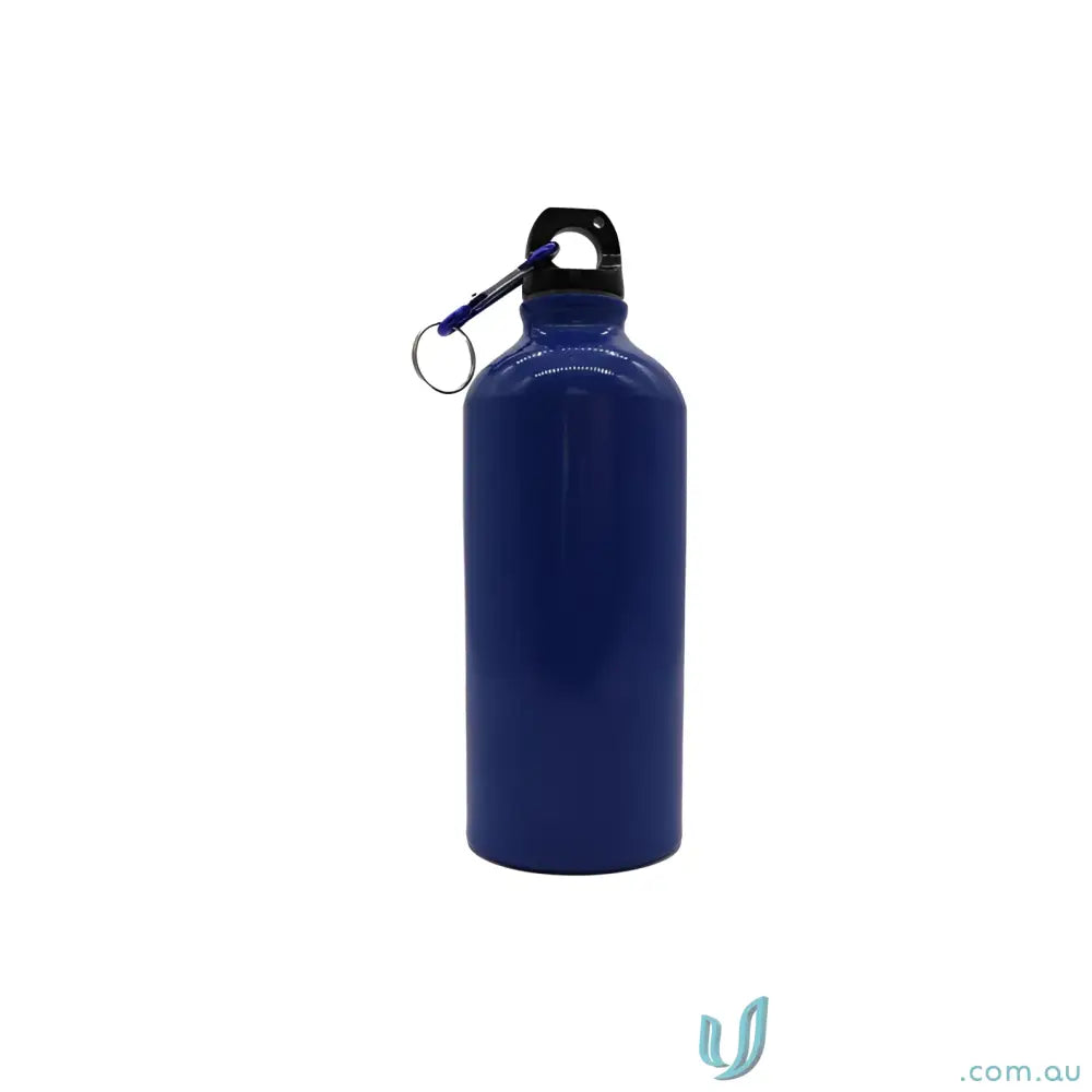 Blue metal Voyager 600ml water bottle with carabiner clip, perfect for hiking and uniforms