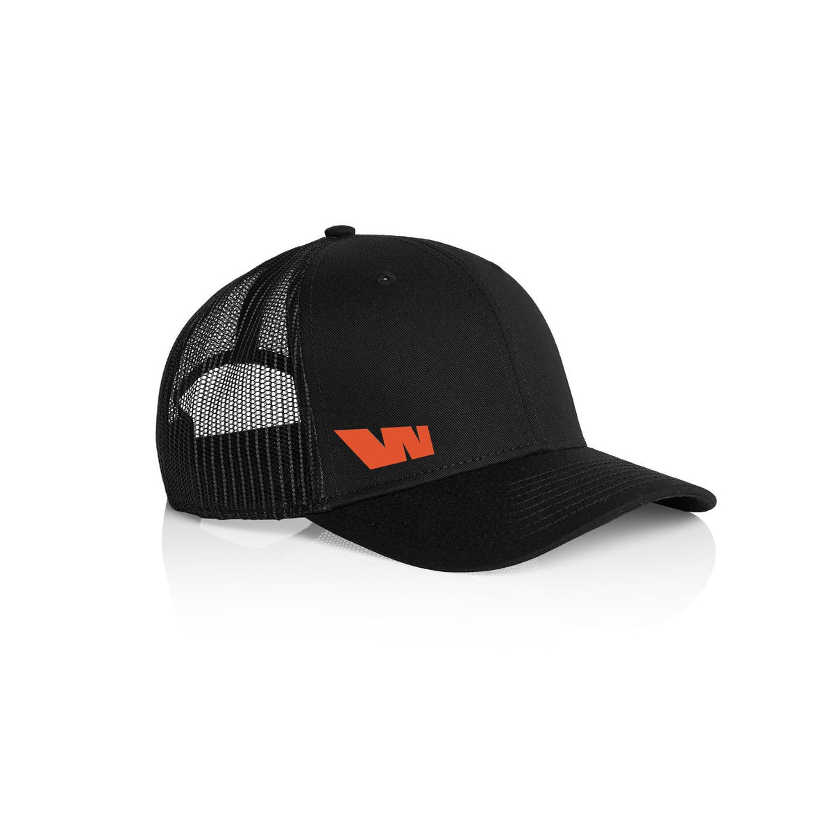 Black trucker hat with orange logo.