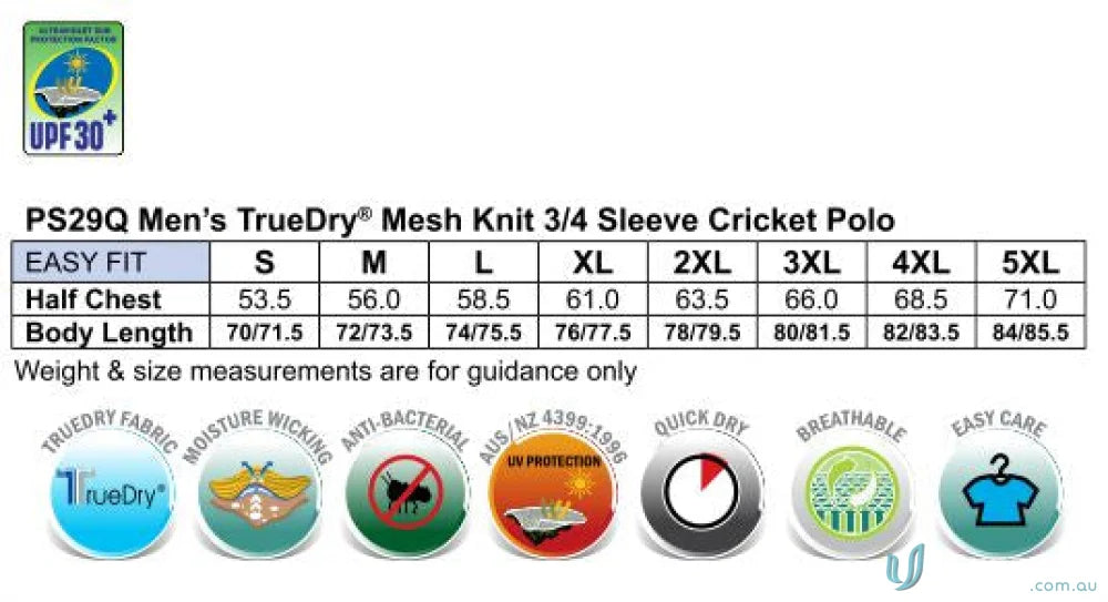 Mens polo shirt size chart for Winning Spirit 3Qtr Cricket Polo made with Truedry® Cotton