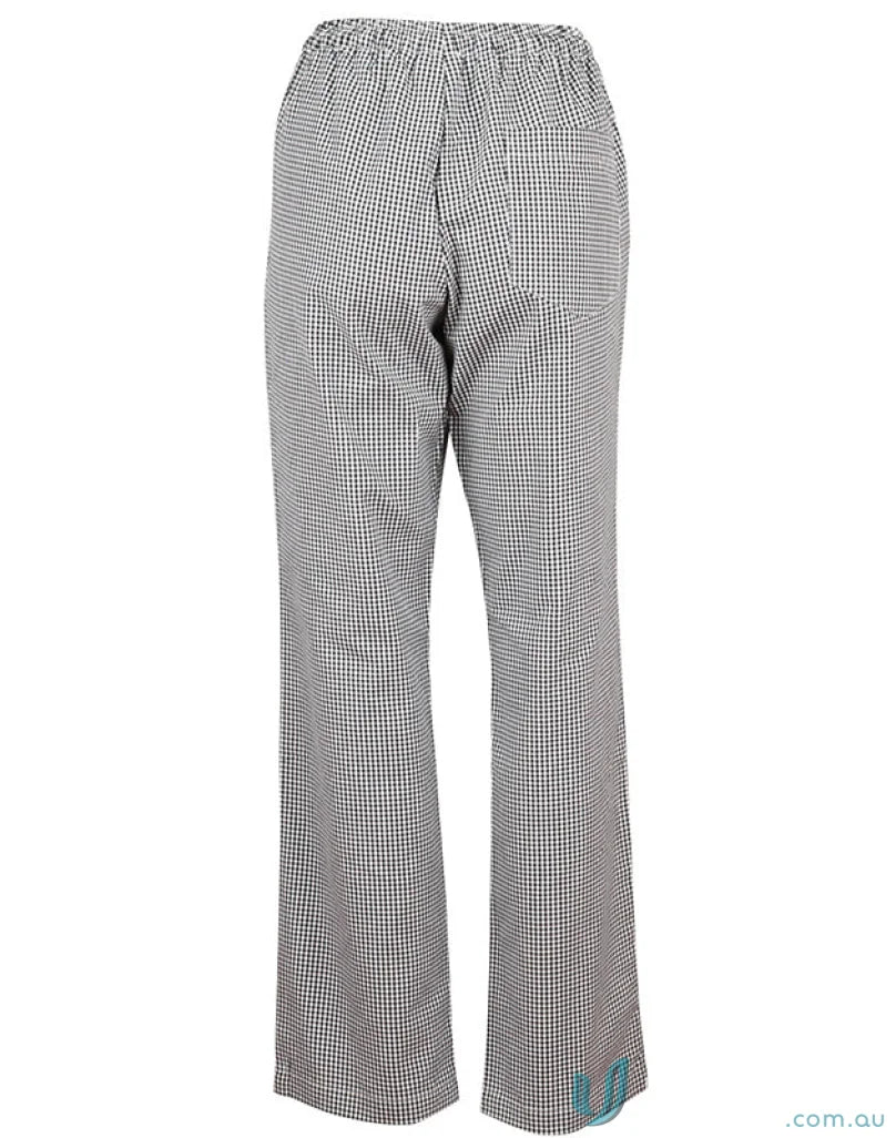Black and white gingham cp01 chefs pants with elastic waistband and patch pocket