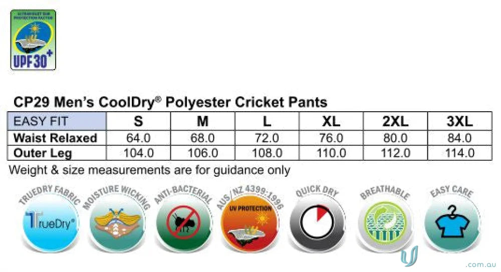 Mens cricket pants size chart and features of Winning Spirit CoolDry Cricket Pants CP29