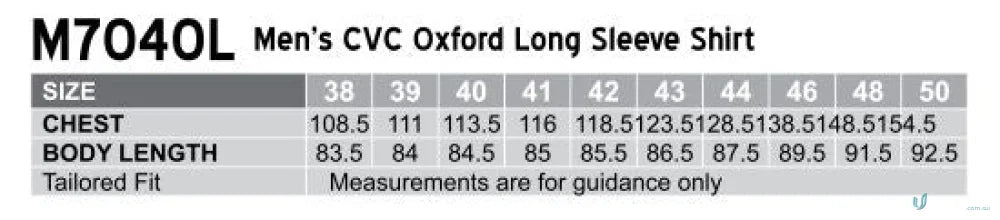 Sizing chart for Winning Spirit CVC Oxford LS Shirt m7040l men’s cvc oxford long sleeve
