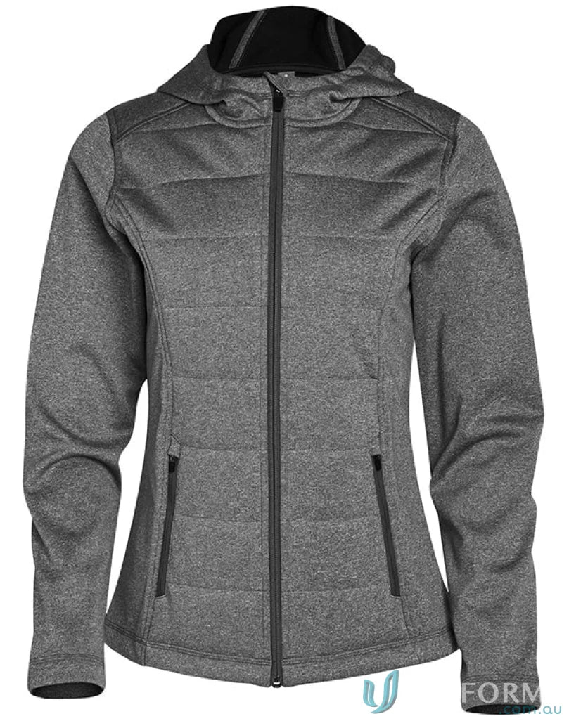 Gray hooded jasper heather bonded cationic quilted jacket for women, stylish and warm