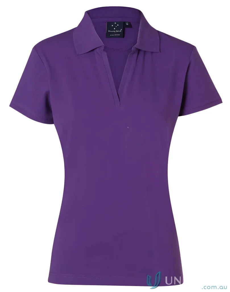 Purple Winning Spirit Ladies Longbeach Stretch Polo shirt showing ps40 Longbeach polo style
