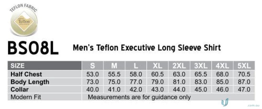 Mens Teflon Executive Long Sleeve Shirt size chart for the Winning Spirit Mens Executive LS Shirt