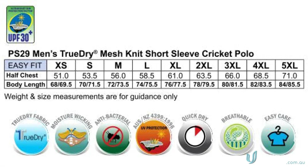 Mens polo shirt size chart for Winning Spirit SS Cricket Polo with moisture-wicking tech