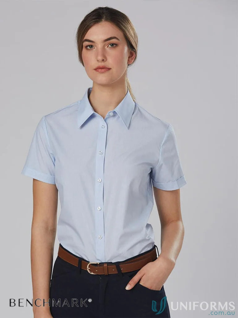 Light blue womens fine stripe short sleeve shirt from Winning Spirit, casual and stylish