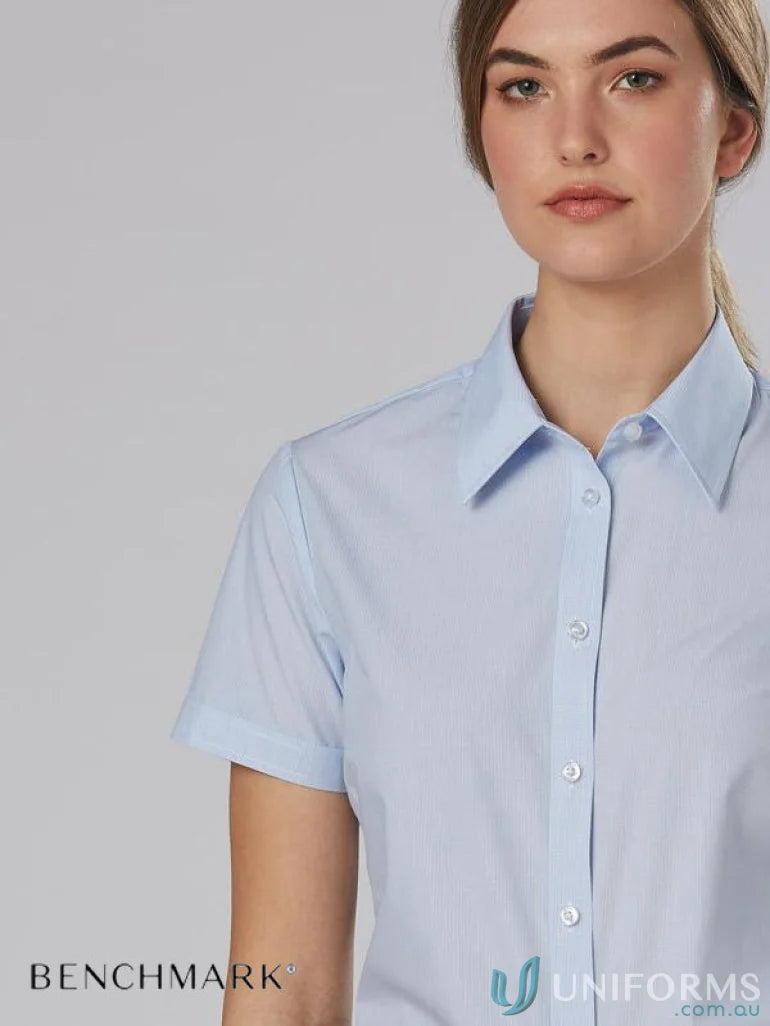 Light blue womens fine stripe short sleeve shirt from Winning Spirit for a stylish look