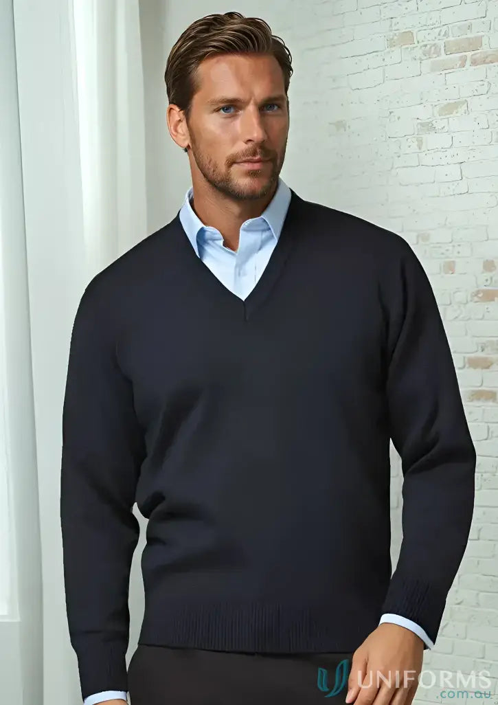 Mens navy Woolmix Knit Pullover over light blue shirt from Biz Collection Woolmix