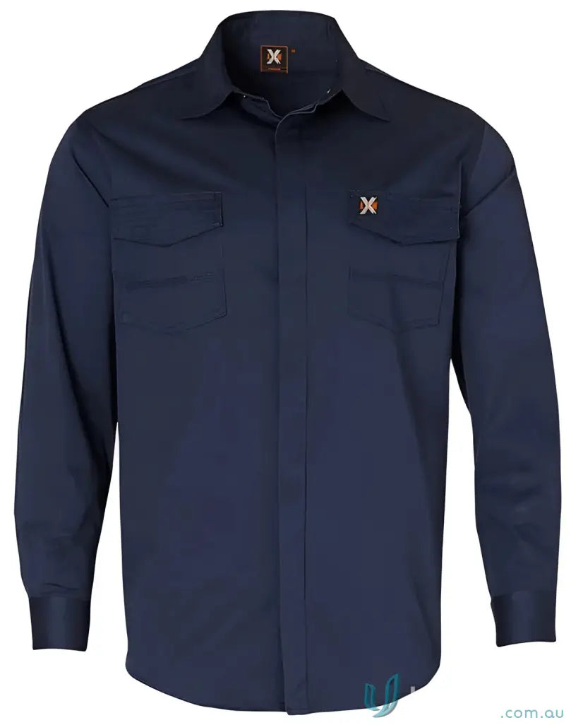Men’s navy long-sleeved work shirt with chest pockets, XStreet Stretch Shirt style