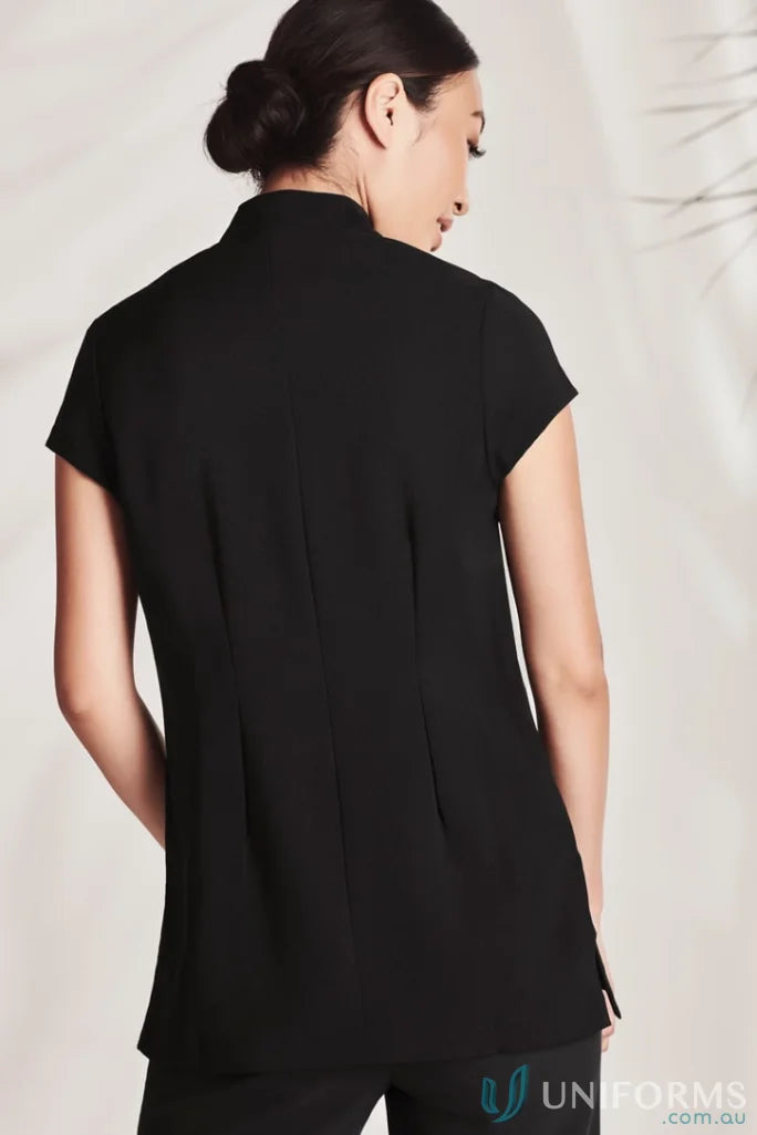 Womens Zen Black Mandarin Collar Tunic with stain release fabric for a relaxed look