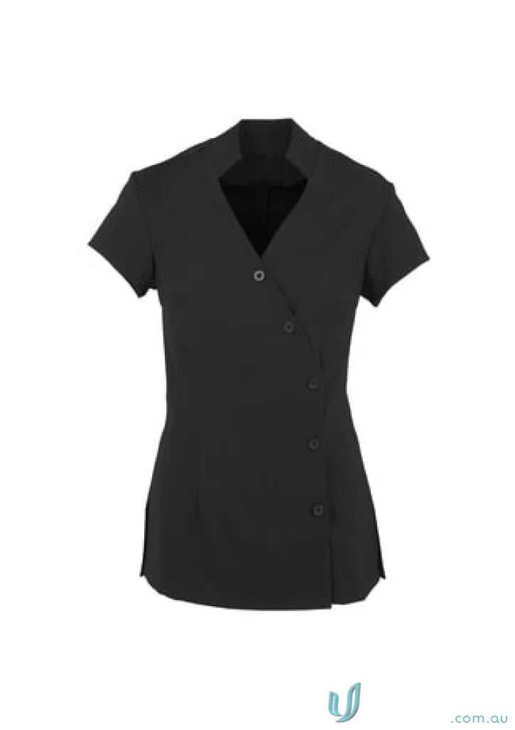 Womens Zen Mandarin Collar Tunic with stain release and asymmetrical button closure