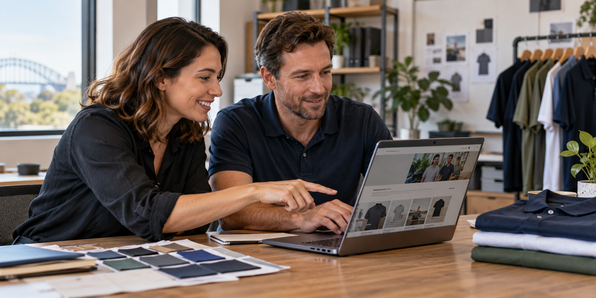 Australian small-business owners reviewing a new business website on a laptop
