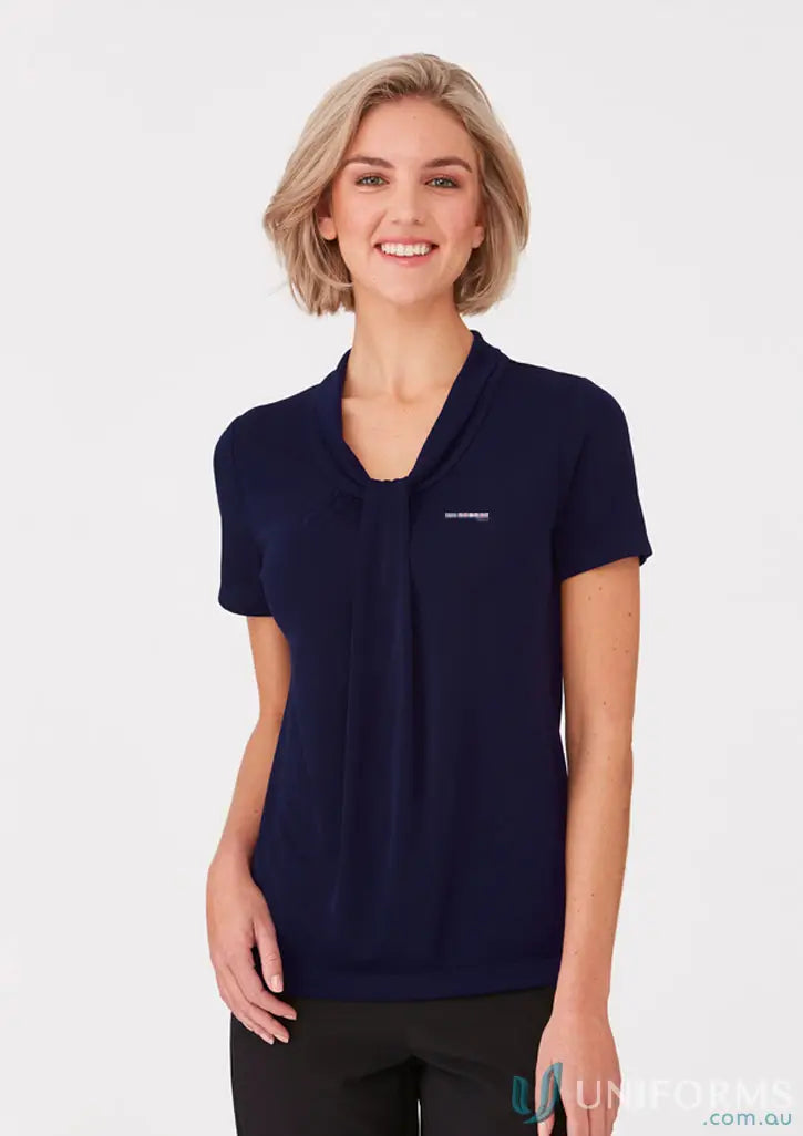 Navy blue 1300 BSU Ladies Top with soft draped neckline and short sleeve style
