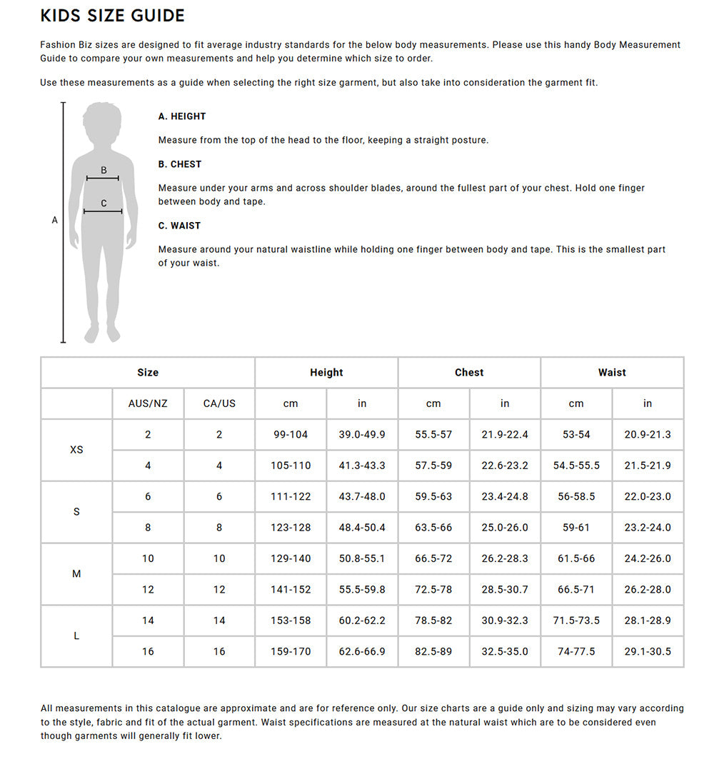 Kids Action Polo size chart