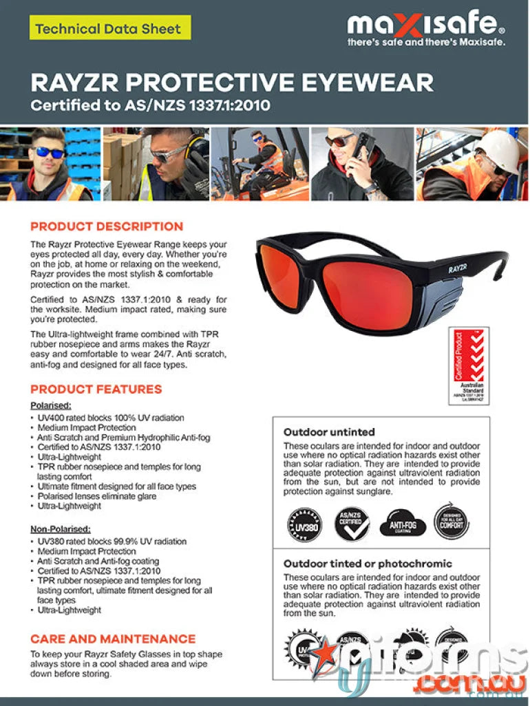 Rayzr safety glasses info sheet with TPR rubber nosepiece and anti scratch lenses