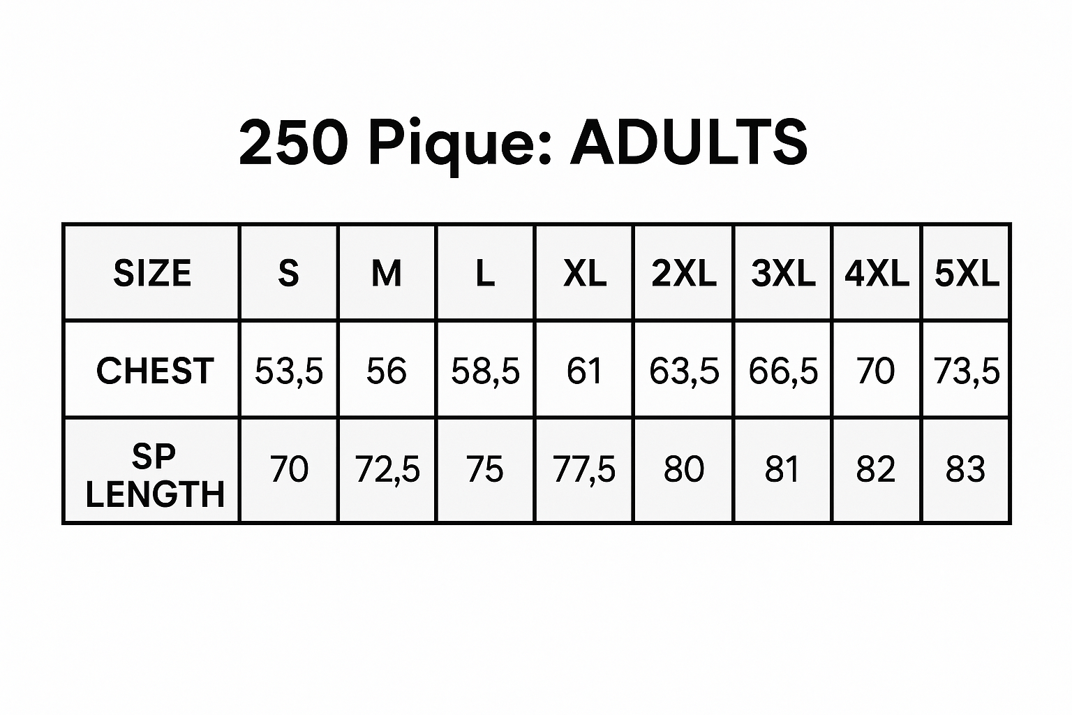 JBs Pique Polo size chart