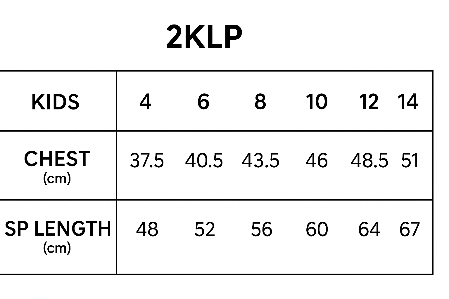 Kids Long Sleeve Polo Shirt size chart