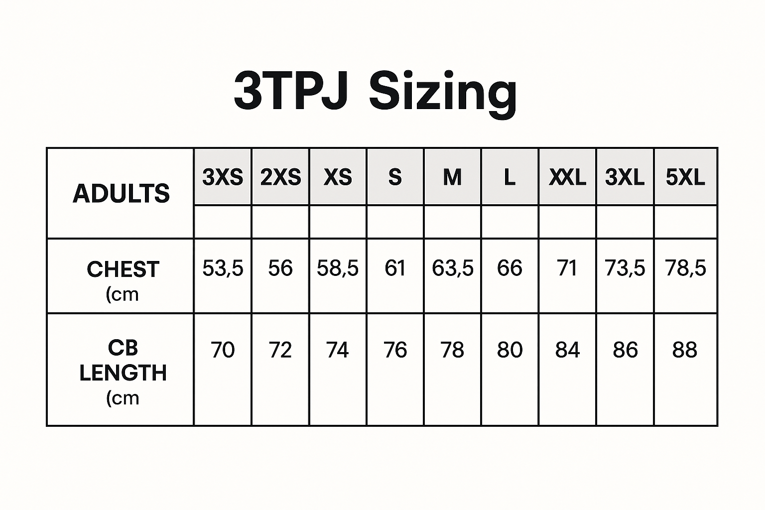 Tempest Jacket size chart
