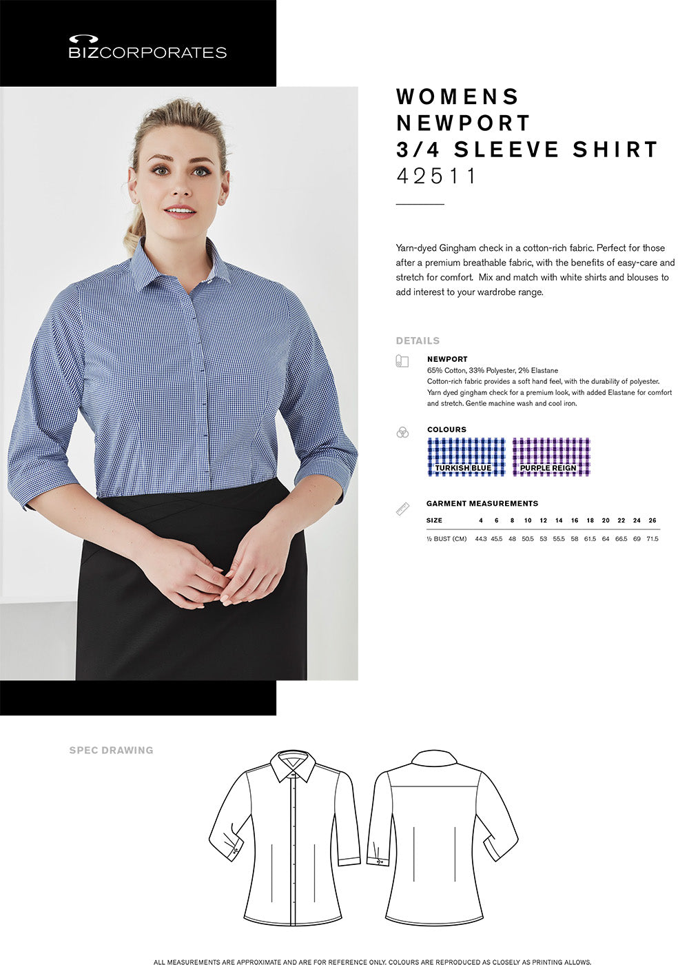 Ladies Newport 3qtr Shirt size chart