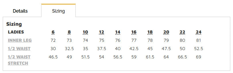 Ladies Premium Scrub Cargo Pant size chart