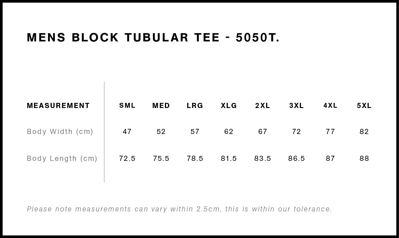 Block Tubular Tee size chart