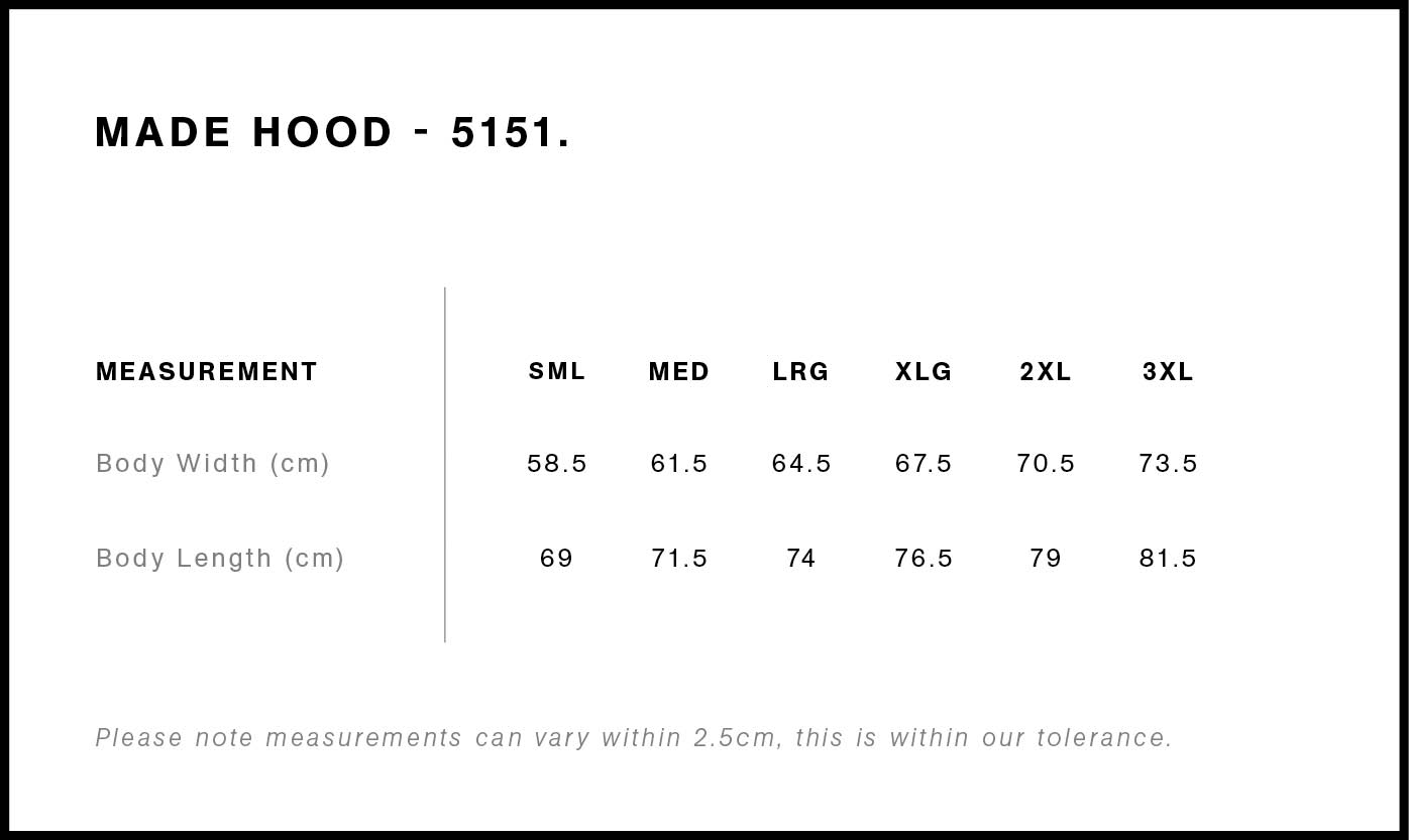 Made Hood | 5151 size chart